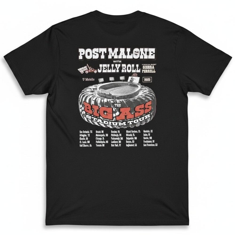 Post Malone & Jelly Roll Big Ass Tour Men's Medium Black T-Shirt Concert Music
